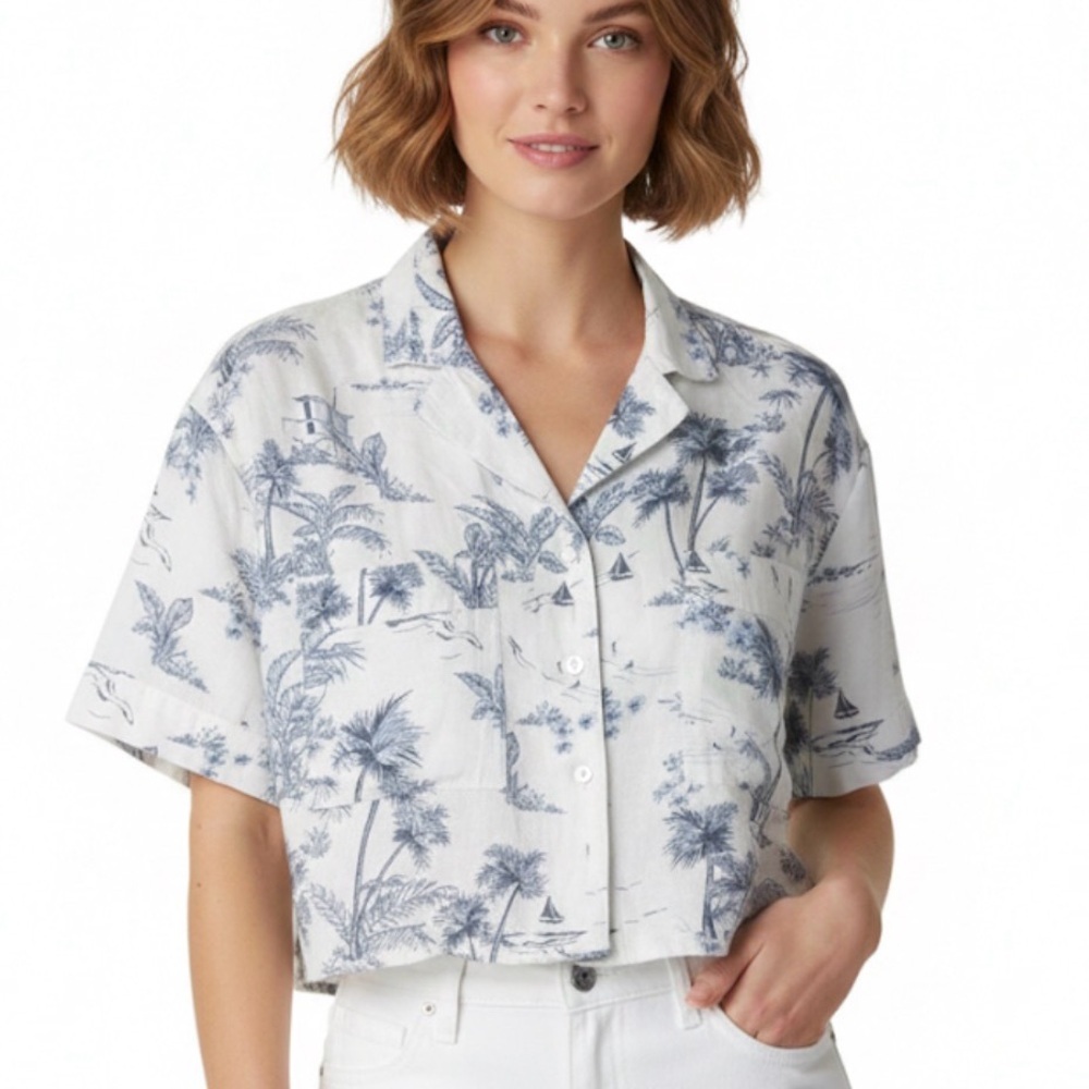 Panama Jack Blue White Tropical Short Sleeve Button up Linen Blend Blouse Top